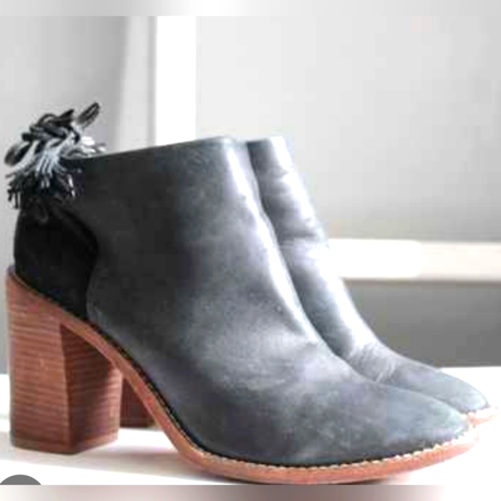 Madewell x Sezane High Heel Tassel Black Leather Ankle Booties
